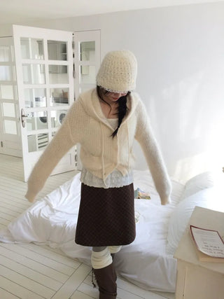 Yuju Avant Loose Hooded Button Pine Needle Knit Cardigan