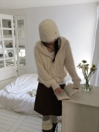 Yuju Avant Loose Hooded Button Pine Needle Knit Cardigan