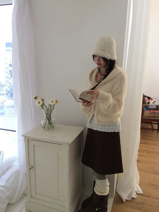 Yuju Avant Loose Hooded Button Pine Needle Knit Cardigan