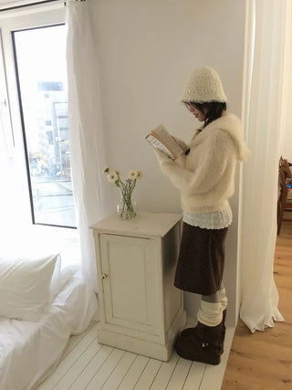 Yuju Avant Loose Hooded Button Pine Needle Knit Cardigan