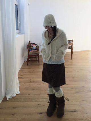 Yuju Avant Loose Hooded Button Pine Needle Knit Cardigan
