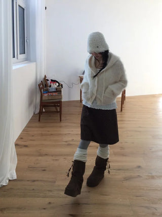 Yuju Avant Loose Hooded Button Pine Needle Knit Cardigan