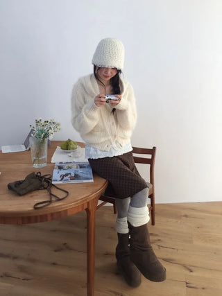 Yuju Avant Loose Hooded Button Pine Needle Knit Cardigan