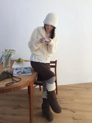 Yuju Avant Loose Hooded Button Pine Needle Knit Cardigan