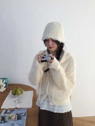 Yuju Avant Loose Hooded Button Pine Needle Knit Cardigan