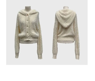 Yuju Avant Loose Hooded Button Pine Needle Knit Cardigan