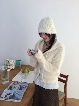 Yuju Avant Loose Hooded Button Pine Needle Knit Cardigan