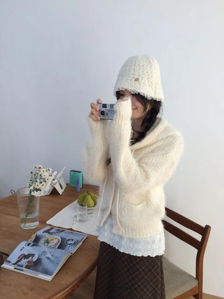 Yuju Avant Loose Hooded Button Pine Needle Knit Cardigan