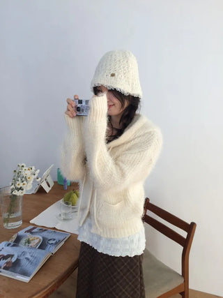 Yuju Avant Loose Hooded Button Pine Needle Knit Cardigan