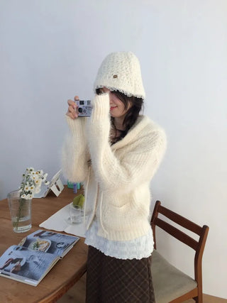Yuju Avant Loose Hooded Button Pine Needle Knit Cardigan