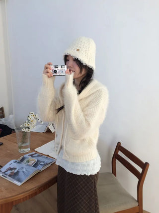 Yuju Avant Loose Hooded Button Pine Needle Knit Cardigan
