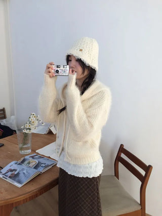 Yuju Avant Loose Hooded Button Pine Needle Knit Cardigan