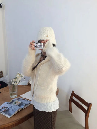 Yuju Avant Loose Hooded Button Pine Needle Knit Cardigan