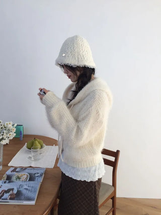 Yuju Avant Loose Hooded Button Pine Needle Knit Cardigan