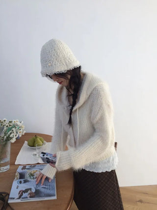 Yuju Avant Loose Hooded Button Pine Needle Knit Cardigan