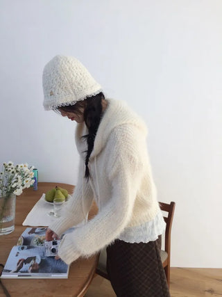 Yuju Avant Loose Hooded Button Pine Needle Knit Cardigan