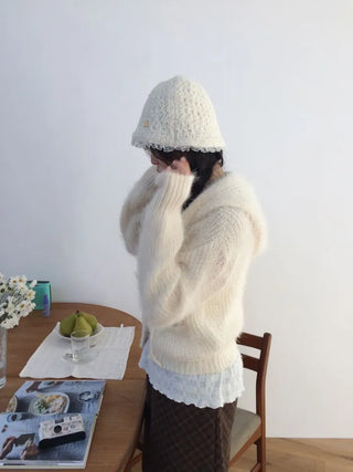 Yuju Avant Loose Hooded Button Pine Needle Knit Cardigan
