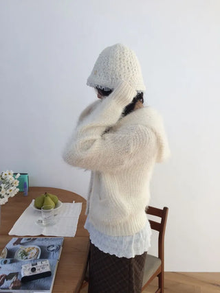 Yuju Avant Loose Hooded Button Pine Needle Knit Cardigan