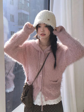 Yuju Avant Loose Hooded Button Pine Needle Knit Cardigan