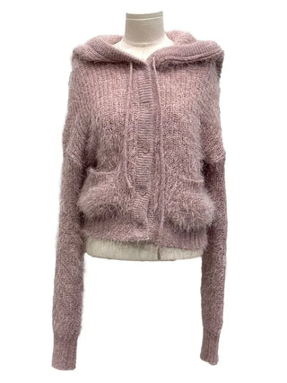 Yuju Avant Loose Hooded Button Pine Needle Knit Cardigan