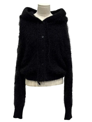 Yuju Avant Loose Hooded Button Pine Needle Knit Cardigan