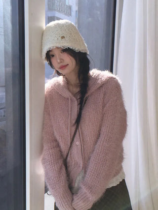 Yuju Avant Loose Hooded Button Pine Needle Knit Cardigan