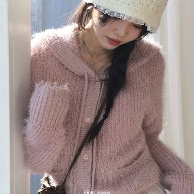 Yuju Avant Loose Hooded Button Pine Needle Knit Cardigan