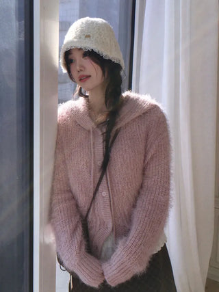 Yuju Avant Loose Hooded Button Pine Needle Knit Cardigan