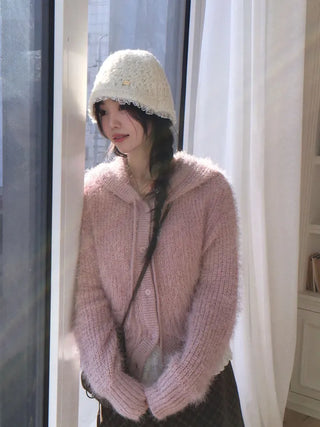 Yuju Avant Loose Hooded Button Pine Needle Knit Cardigan
