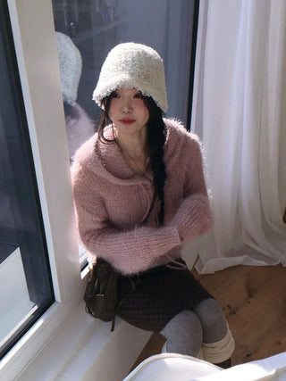 Yuju Avant Loose Hooded Button Pine Needle Knit Cardigan