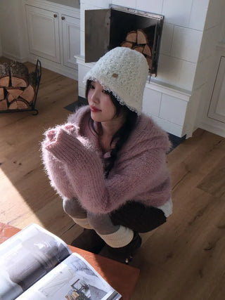 Yuju Avant Loose Hooded Button Pine Needle Knit Cardigan