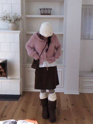 Yuju Avant Loose Hooded Button Pine Needle Knit Cardigan