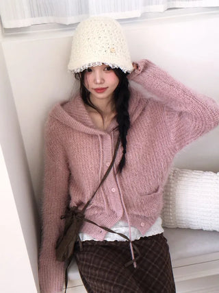 Yuju Avant Loose Hooded Button Pine Needle Knit Cardigan