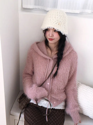 Yuju Avant Loose Hooded Button Pine Needle Knit Cardigan