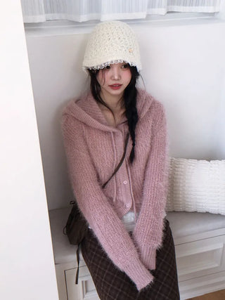 Yuju Avant Loose Hooded Button Pine Needle Knit Cardigan