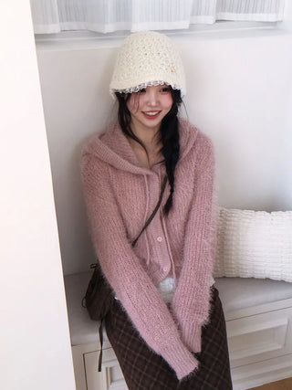 Yuju Avant Loose Hooded Button Pine Needle Knit Cardigan
