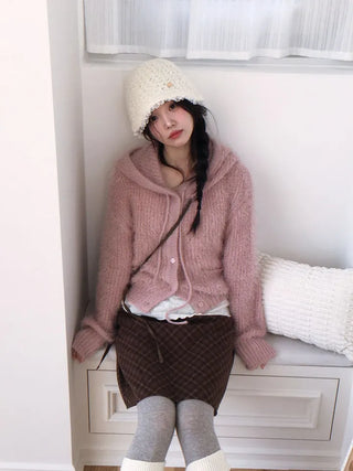 Yuju Avant Loose Hooded Button Pine Needle Knit Cardigan