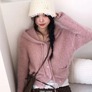 Yuju Avant Loose Hooded Button Pine Needle Knit Cardigan