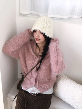 Yuju Avant Loose Hooded Button Pine Needle Knit Cardigan