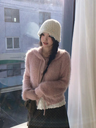 Yuju Avant Loose Hooded Button Pine Needle Knit Cardigan