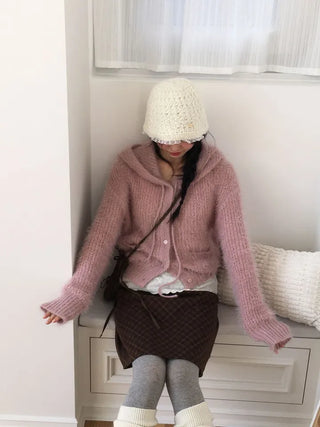 Yuju Avant Loose Hooded Button Pine Needle Knit Cardigan