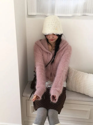 Yuju Avant Loose Hooded Button Pine Needle Knit Cardigan