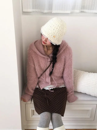Yuju Avant Loose Hooded Button Pine Needle Knit Cardigan