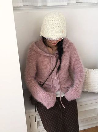 Yuju Avant Loose Hooded Button Pine Needle Knit Cardigan