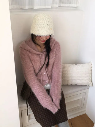 Yuju Avant Loose Hooded Button Pine Needle Knit Cardigan