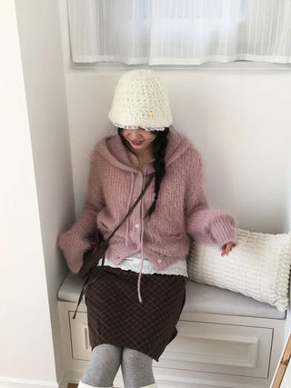 Yuju Avant Loose Hooded Button Pine Needle Knit Cardigan