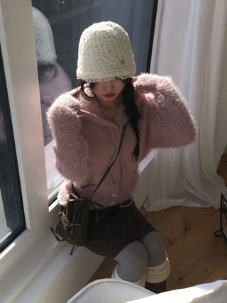 Yuju Avant Loose Hooded Button Pine Needle Knit Cardigan