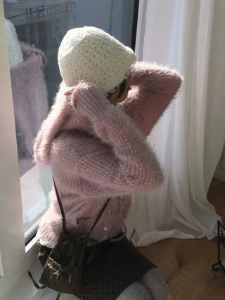 Yuju Avant Loose Hooded Button Pine Needle Knit Cardigan