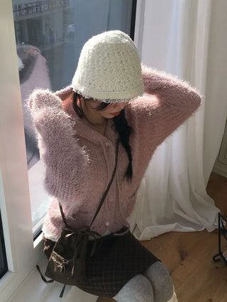Yuju Avant Loose Hooded Button Pine Needle Knit Cardigan