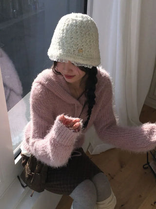 Yuju Avant Loose Hooded Button Pine Needle Knit Cardigan